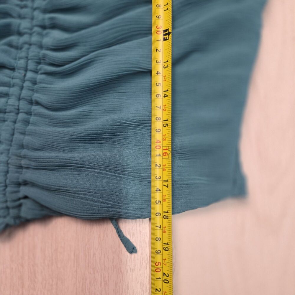 Willow & Root Womens Teal Smocked Ruched Tie Front Ruffle Chiffon Blouse Medium - Picture 8 of 8